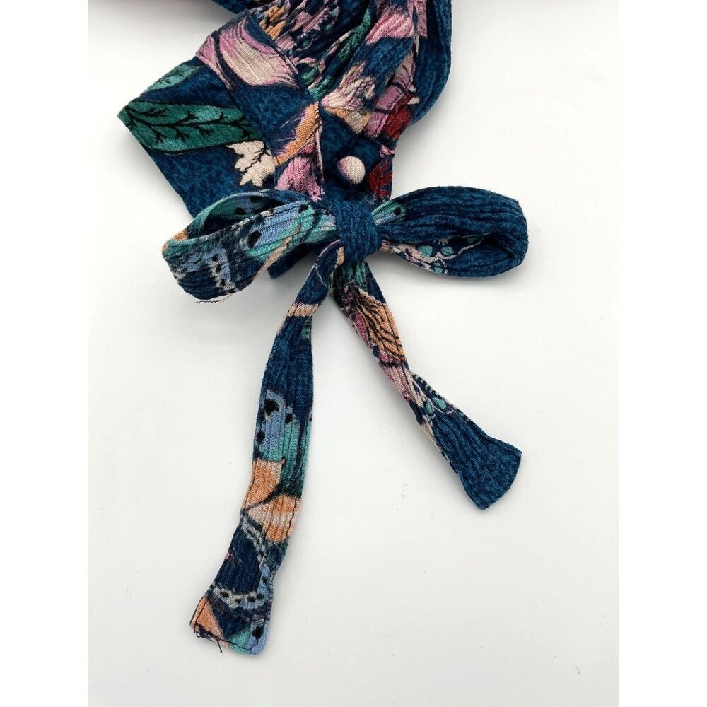 Vintage America Blues Floral Button-Up Blouse Tie Sleeves Vibrant Blues Pinks LG - Picture 9 of 10
